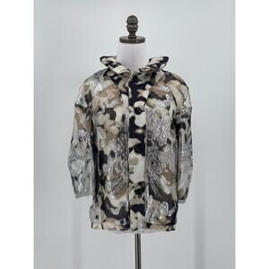 St. John Couture Tan Silver Silk Metallic Camo Collared Embroidered Jacket Sz 2